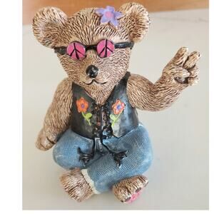 1997 Claire's Peace Hippy Bear Resin Figurine 3" Flower Power Retro